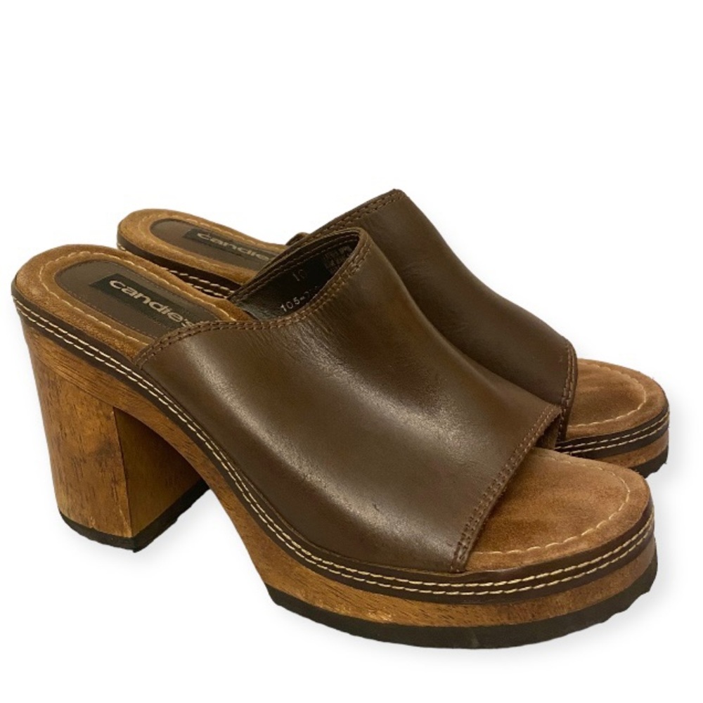 Candie’s Block Chunky Platform Heels Leather Sandals Brown Y2K Style Retro 10